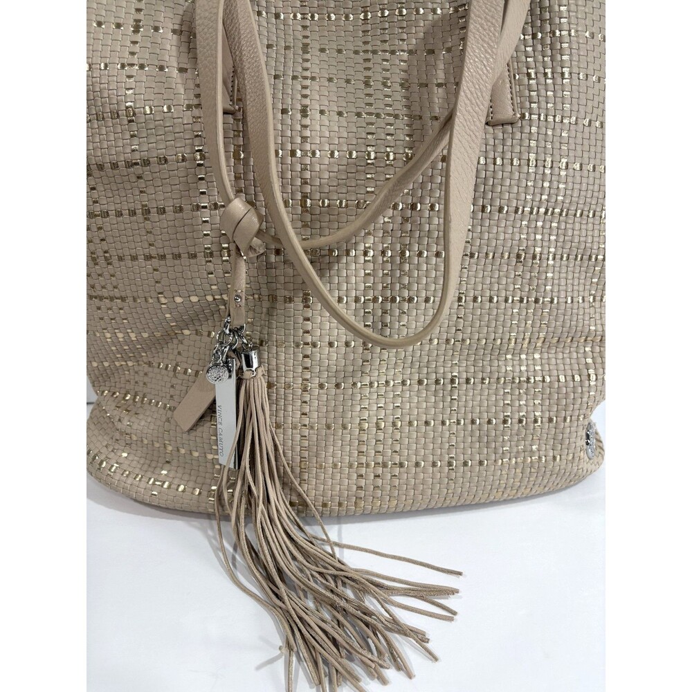 Vince Camuto Leather Woven Tote Handbag Hobo Bag Beige Gold tassel Charm *** - Picture 7 of 9